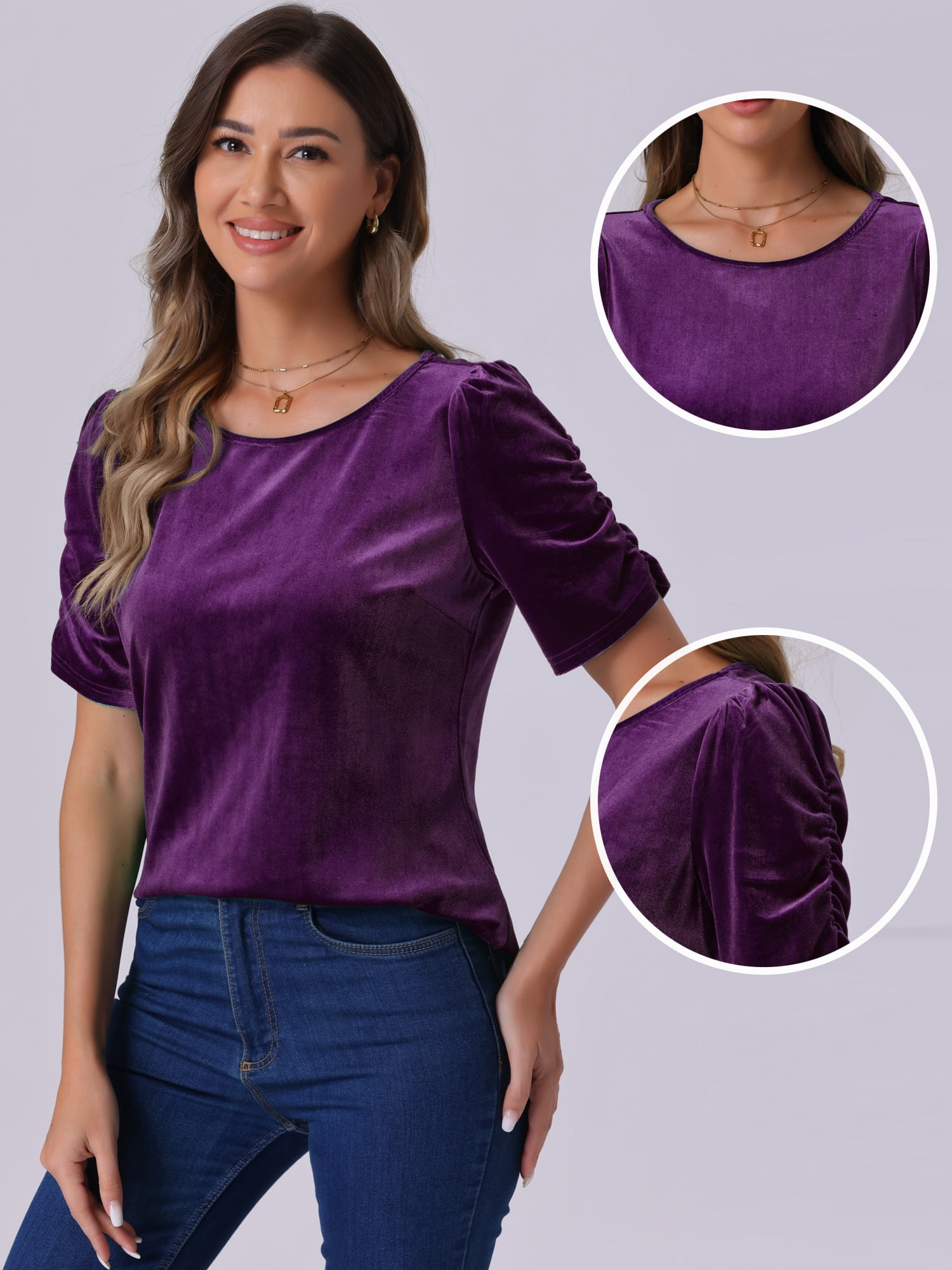DARING DIVA Women's Round Neck Puff Short Sleeve Party Velvet Top XL Dark Purple