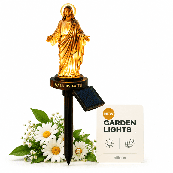 17.7" Solar Jesus Garden Stake Light,"Walk By Faith"Statue with Warm LED,Weather-Resin Religious Outdoor Decor for Yard,Cemetery,Memorial Gift
