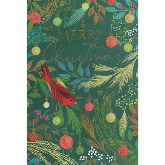 Pictura Red Bird Sitting on Pine Branch Decorated with Sparkling Ornaments Christmas Card