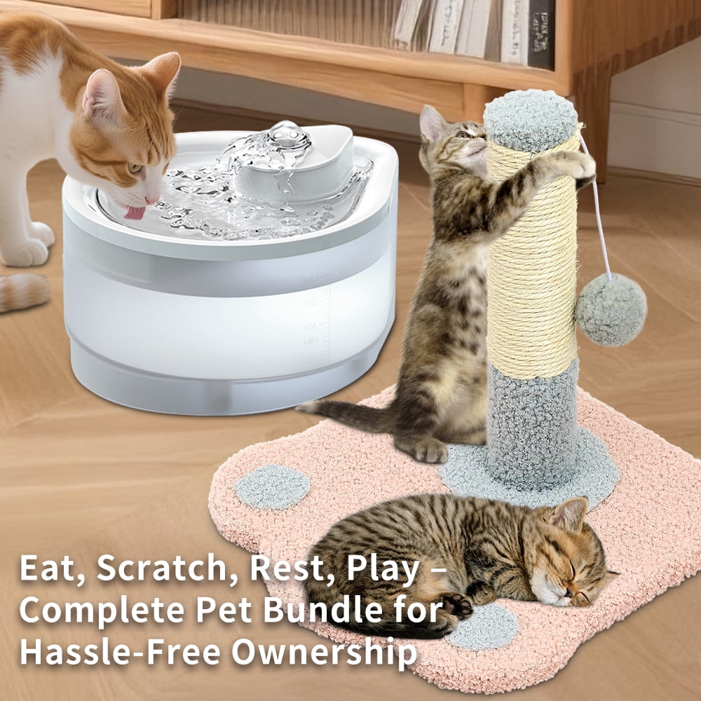 Circulating Cat Water Fountain + Scratching Tower, Ultra Quiet Drinking Dispenser with Ripple Basin, Designed to Increase Hydration for Cats & Small Animals (2500ML)