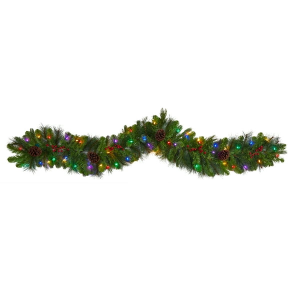 Nearly Natural Colorado Berries Pinecones Holiday Fir Multi-color Prelit LED Corded Garland, 72" (Green)