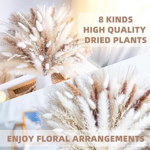 96 PCS Natural Dried Pampas Grass Bouquet, Boho Wedding Floral Arrangements and Home Decor, Dried Flowers for Vase Fillers and Rustic Home Decorations