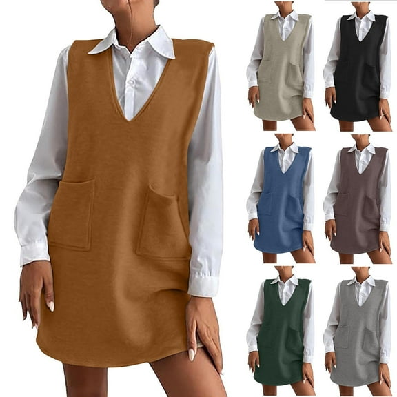 OGLCCG Women Sweater Vest Oversized V Neck Sleeveless Knit Pullover Vest Dress with Pockets Sweater Dress