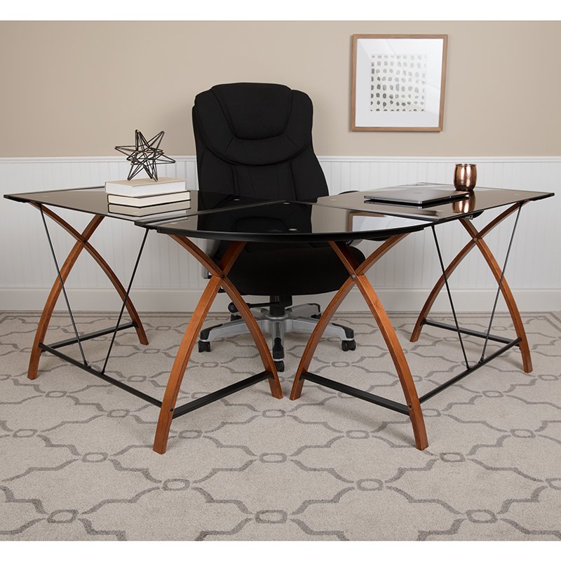 Black Glass LShape Corner Computer Desk with PullOut Keyboard Tray