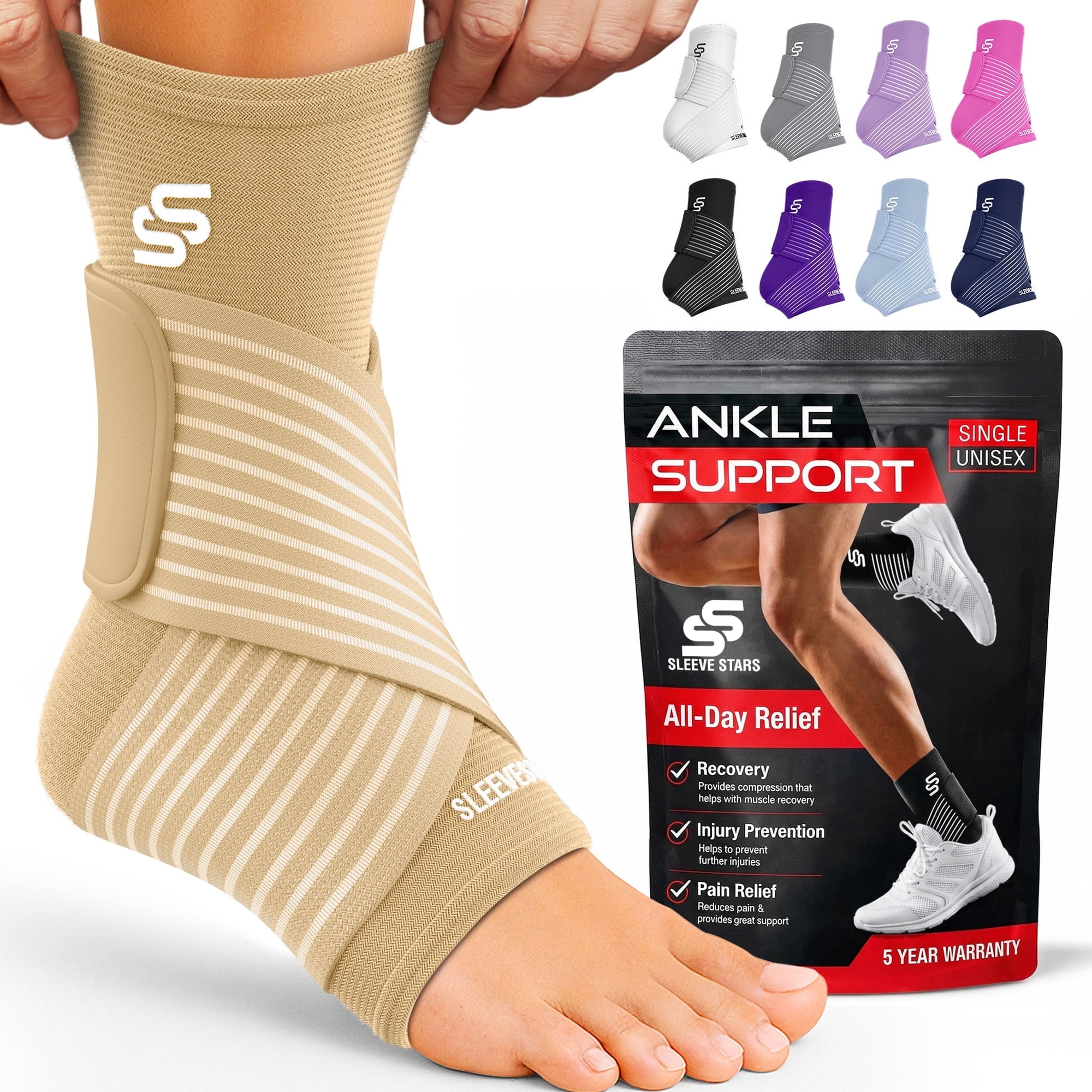 Sleeve Stars Ankle Brace for Sprained Ankle, Ankle Support for Women & Men, Single, Beige, Small