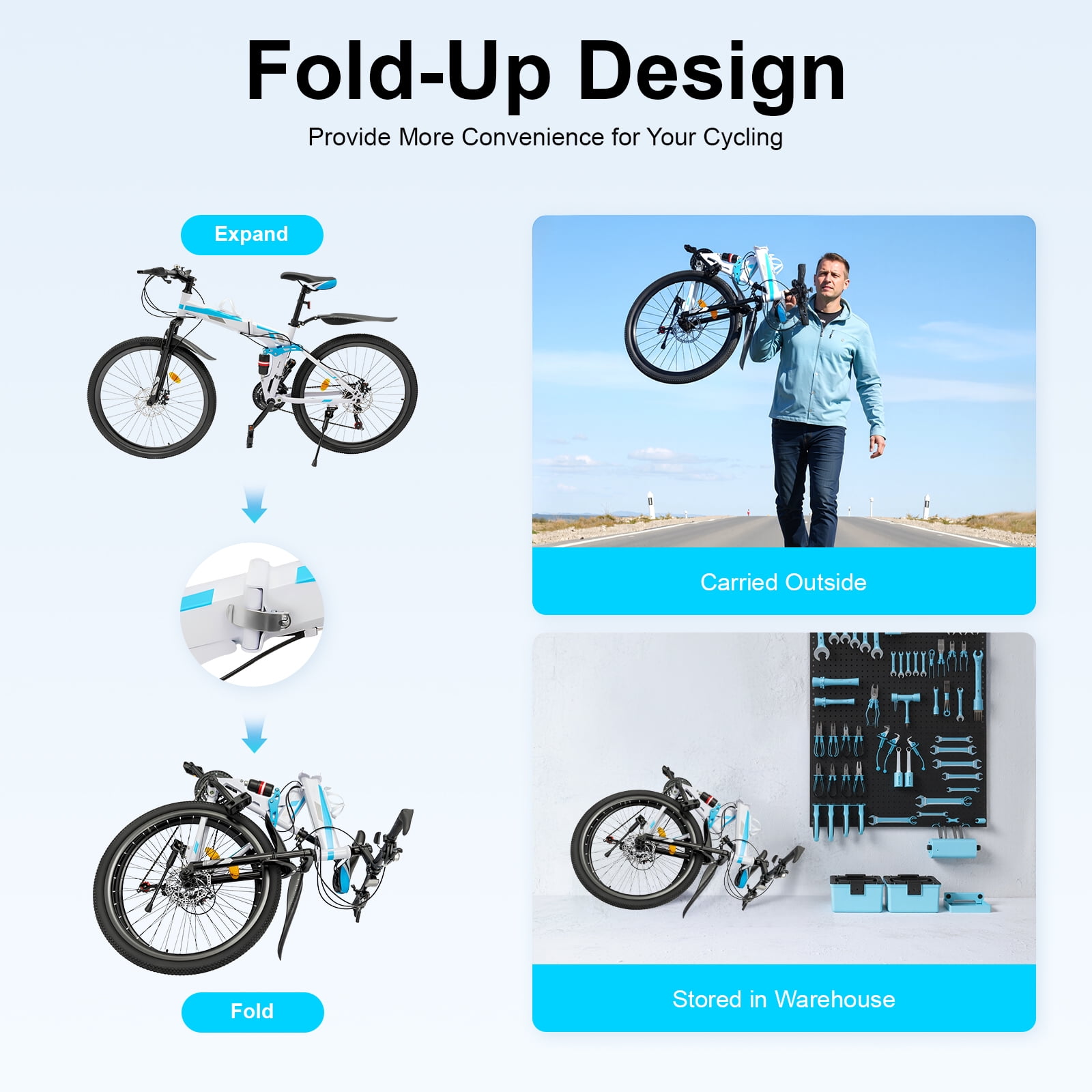 Miumaeov 26" Mountain Bike Folding 21 Speed Full Suspension High Carbon Steel Bike Bicycle Adjustable Saddle Height, Dual Disc Brakes Non-Slip Folding Bike, Adult/Men/Ladies Mountain Bike