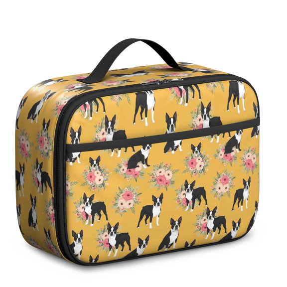 Boston Terrier and Floral Orange Insulated Lunch Bag Teens,Bento School Lunch Bag for Teens for Work,Picnic or Travel 10.6x7.7x4.3 Inches,12 Can Capacity