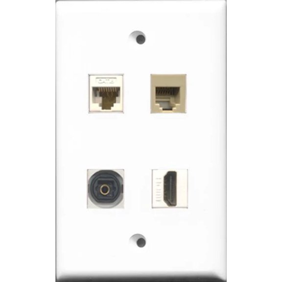 RiteAV 1 Port HDMI and 1 Port Phone RJ11 RJ12 Beige and 1 Port Toslink and 1 Port Cat6 Ethernet White Wall Plate