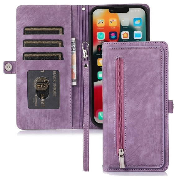 Flip Case Cover for Samsung Galaxy A22 5G Case, Multi-Card Zipper Wallet Phone Case Leather Folio Flip Wallet Magnetic Wallet Case Phone Cover Case for Samsung Galaxy A22 5G Phone Back Cover,Purple