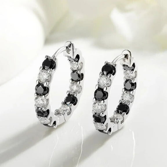 3.00Ct Round Cut Simulated Black & White Diamond Engagement Women's Hoop Earrings 14K White Gold Plated Silver