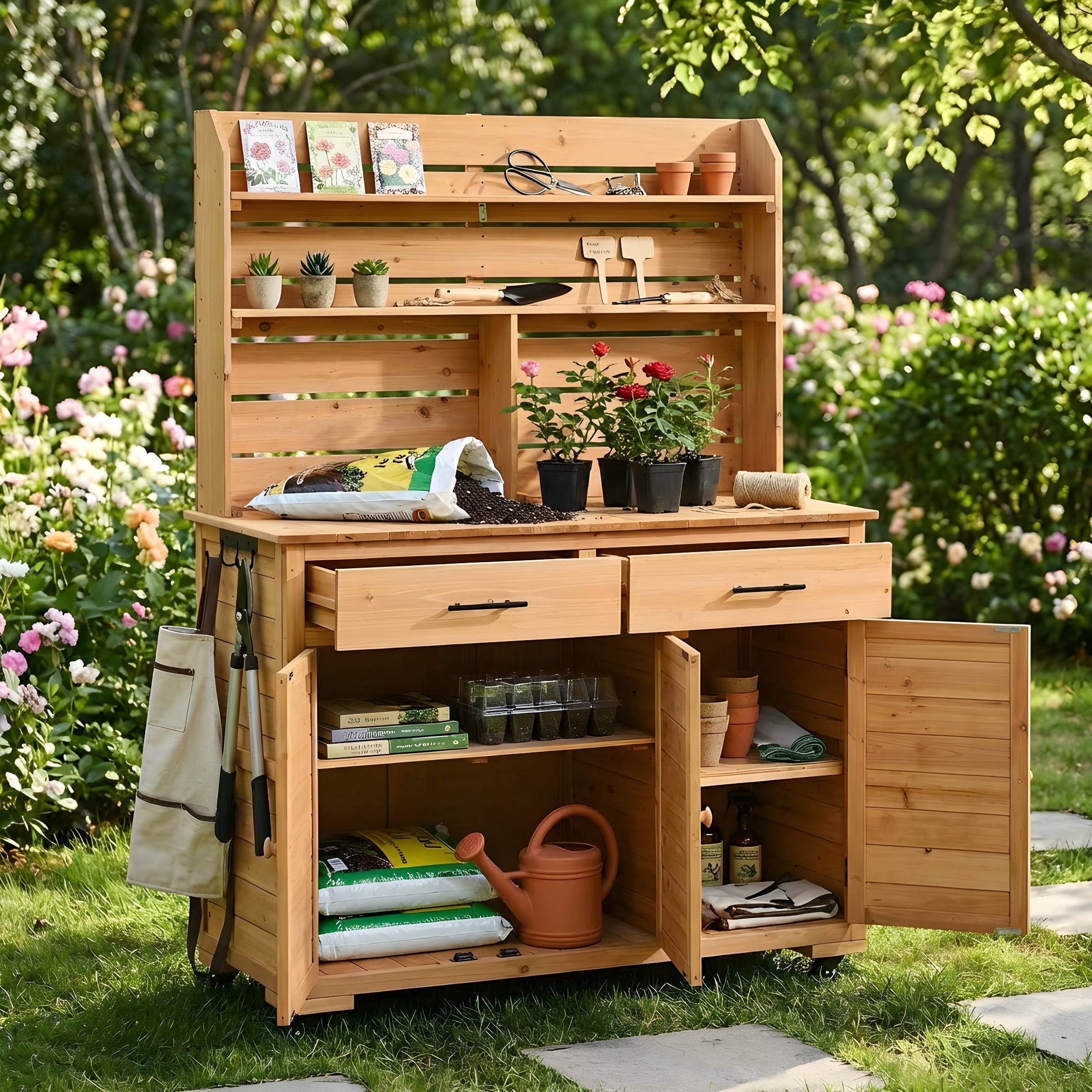 Mintazer 65"H Rolling Outdoor Potting Bench with 2 Drawers & Storage Cabinet, Farmhouse Kitchen Island Prep Cart with Hutch Top & Shelves, Natural