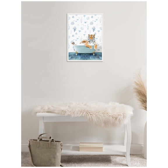 Kate and Laurel Tiger in Under the Sea Bathtub Framed Canvas Wall Art by Amy Peterson 18 x 24 Sylvie White, Whimsical, Animals, Bathroom, Beach Art for Wall Decor, Living Room, Bedroom