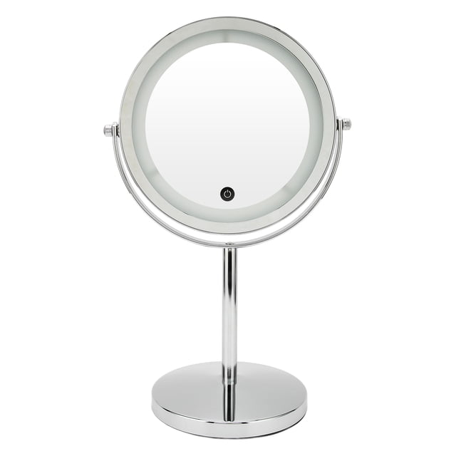 Espejo de maquillaje con luz LED, redondo, de doble cara, con aumento, de pie, para el baño del hogar.