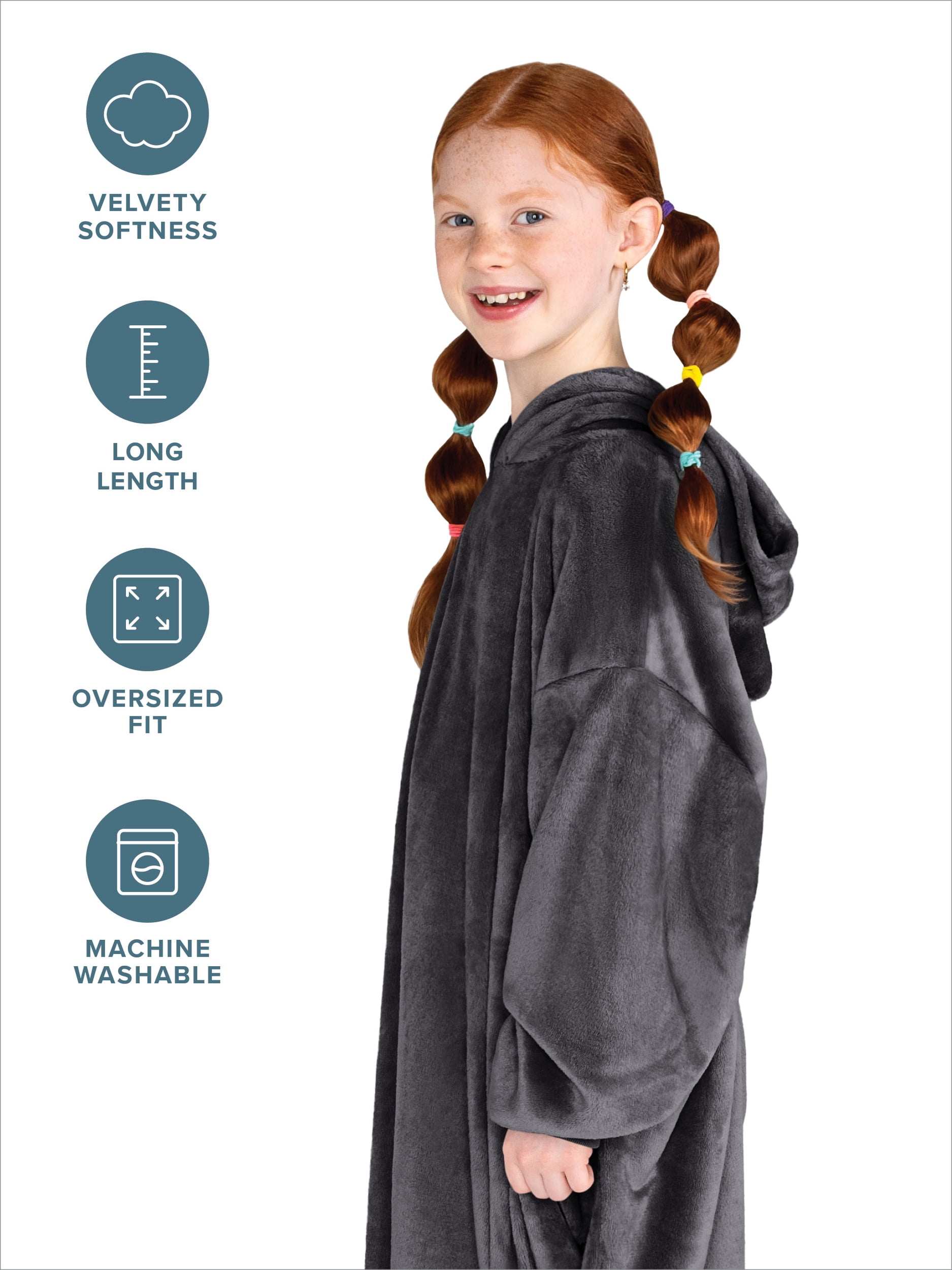 Bare Homey Kids Size Microplush Wearable Blanket - Long Length - Side Pockets - Velvety Soft, Forged Iron Gray