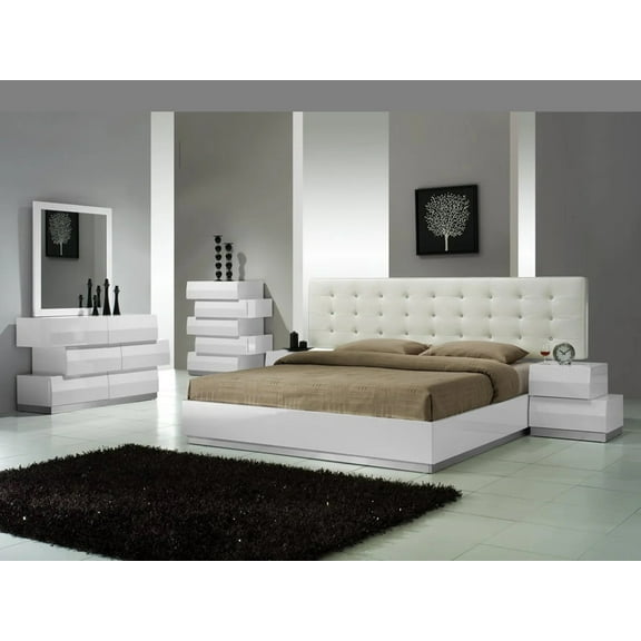 6PC Queen Size Modern Bedroom Set, White Lacquer Finish, Unique Bedroom Furniture Set