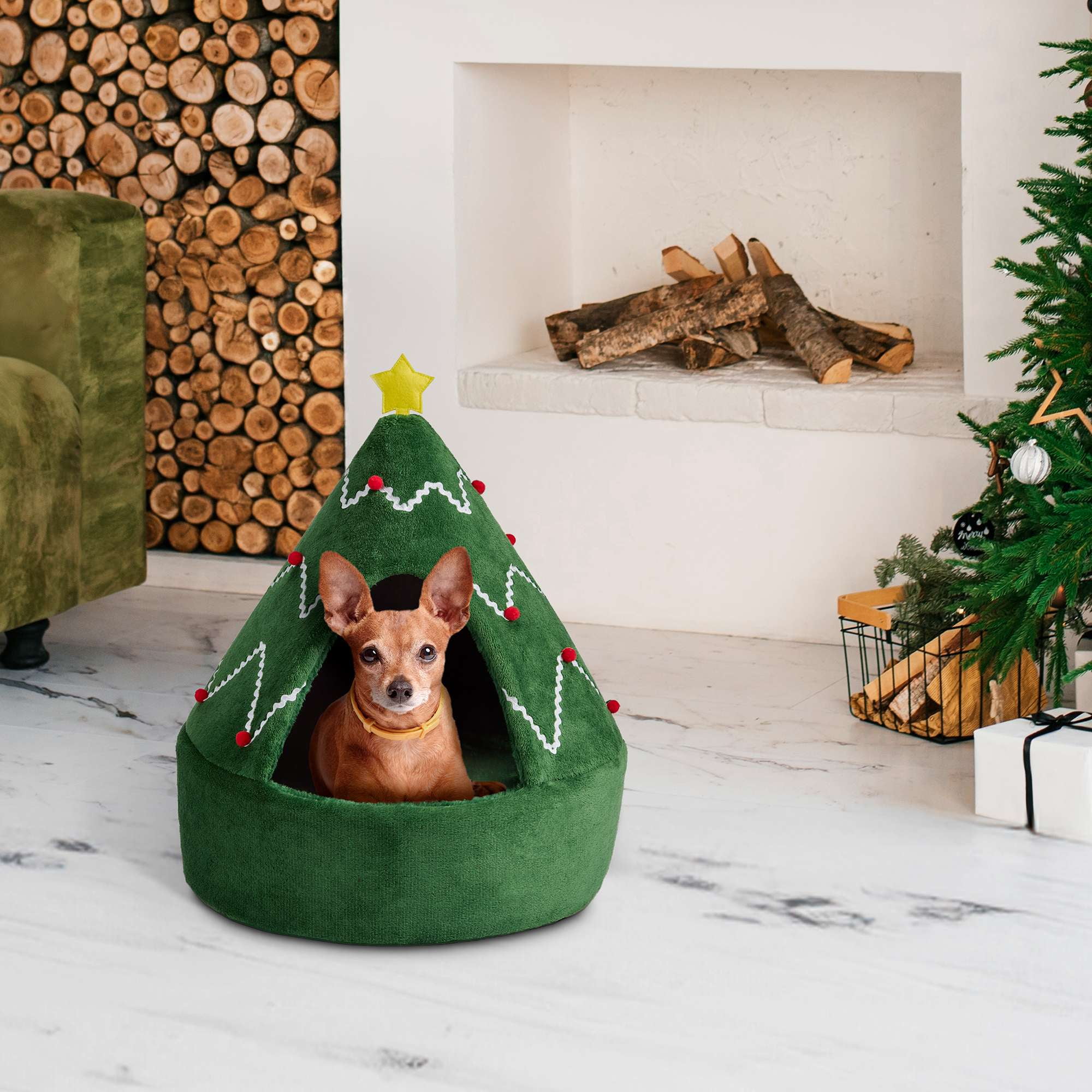Vibrant Life Holiday Hideaway Dog & Cat Cave Bed Christmas Tree, Small