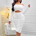 thumbnail image 3 of Women's Fall Off The Shoulder Maxi Dress Spring Long Sleeve Ruched Fitted Bodycon Club Dresses With Slit, 3 of 8