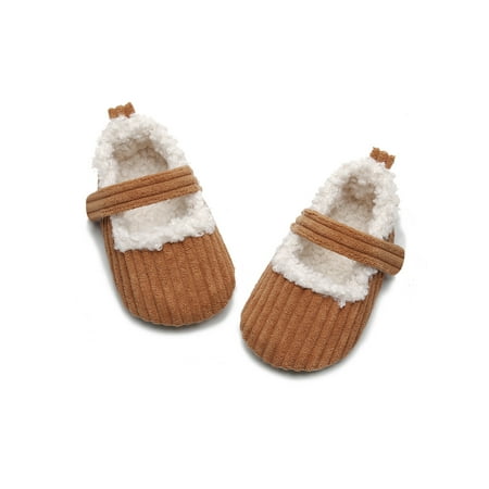 

Sanviglor Infant Princess Shoe Plush Lined Flats First Walking Crib Indoor Comfort Non-slip Shoes Lightweight Magic Tape Mary Jane Brown Rubber Sole 4C