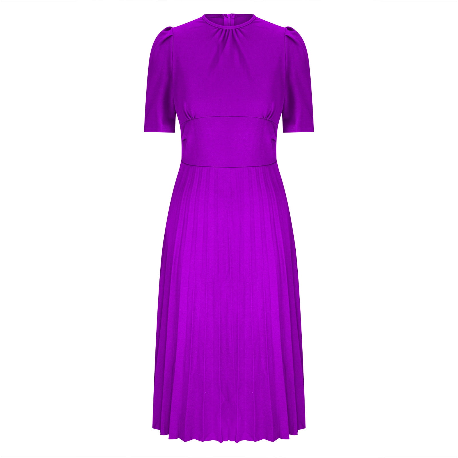 AOOCHASLIY Ladies Dress Clothes Women Solid Color Round Neck Temperament Crimping Waist Retraction Fashion Dress