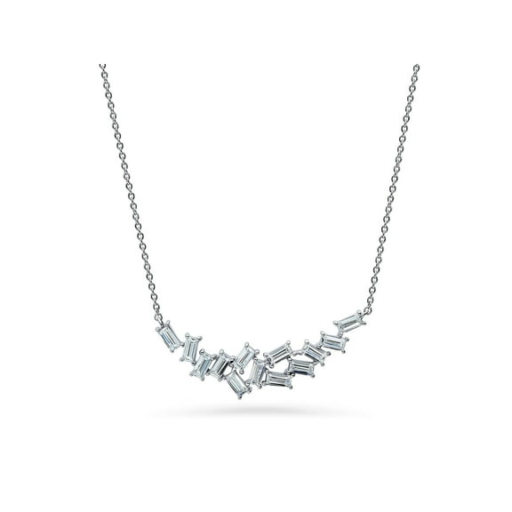 BERRICLE Sterling Silver Cluster Cubic Zirconia CZ Bar Pendant Necklace for Women, Rhodium Plated 16 inch