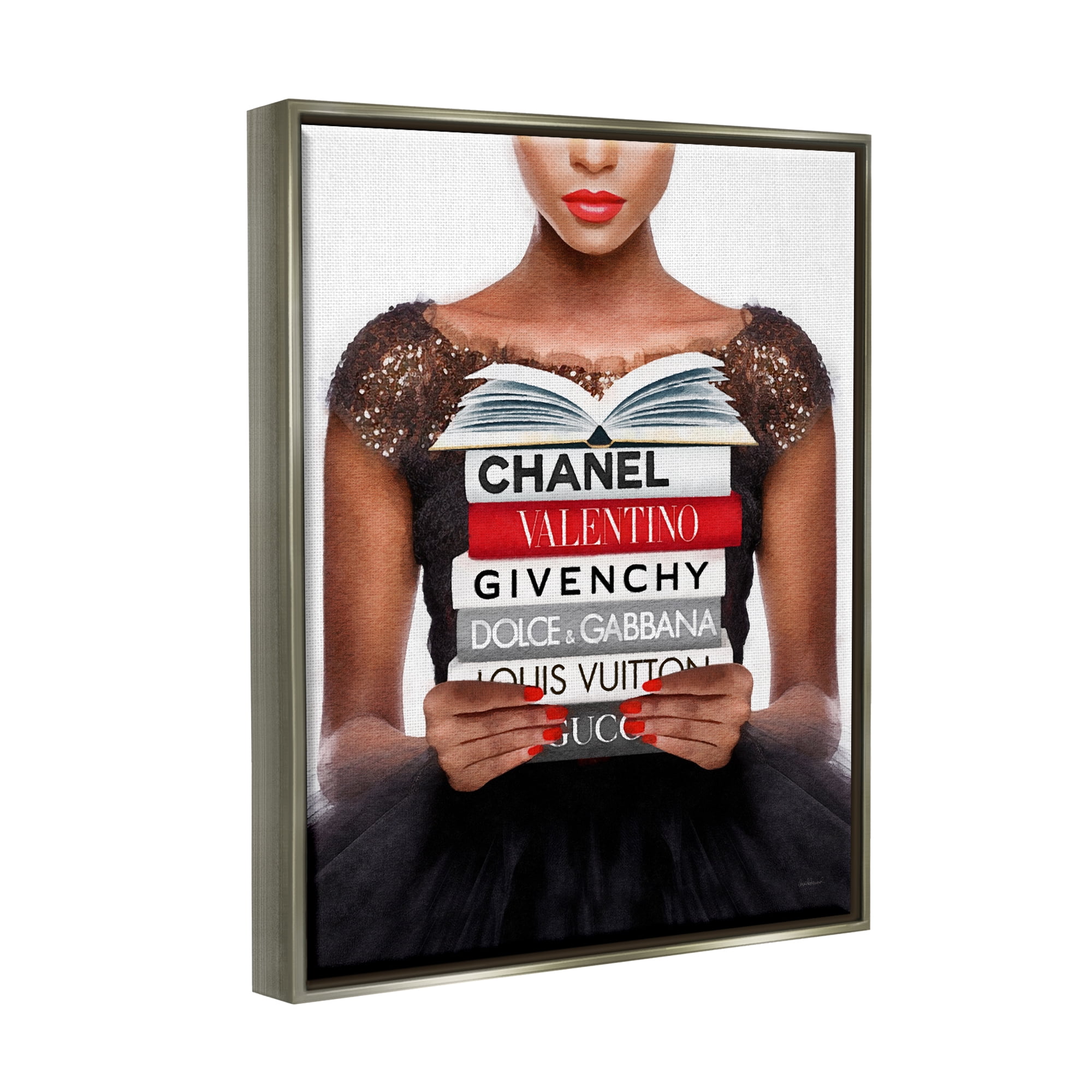 Stupell Industries Glam Girl & Books Beauty & Fashion Painting Gray Floater Framed Canvas Art Print Wall Art, 17 x 21