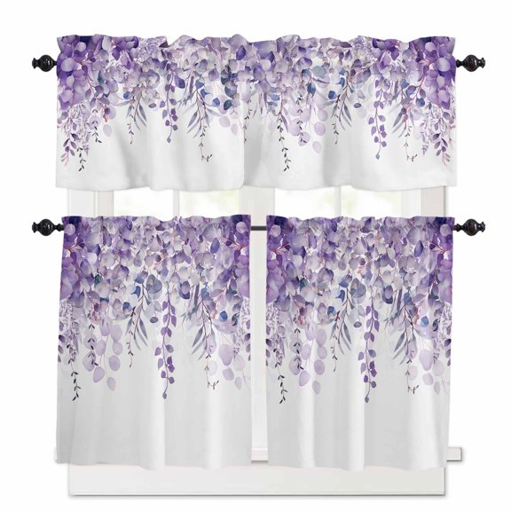 Purple Eucalyptus Leaves Kitchen Curtain Set, Spring Floral Summer Botanical Window Valance and Tiers 24" Length, Light Filtering Short Curtains Valance for Cafe Bathroom Bedroom 54"x18"