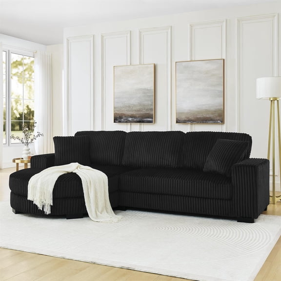 Spaco 110" Corduroy Tufted Upholstered Sleeper Sectional Sofa with Arc-shaped Footstool, L-Shaped Modular Convertible Couch for Living Room, Bedroom, Black