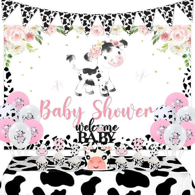 Cow Print Baby Shower Decorations for Girl, Cow Theme Baby Shower Backdrop, Welcome Baby Cake Topper Tablecloth Balloon, Farm Animal Barnyard Party Supplies