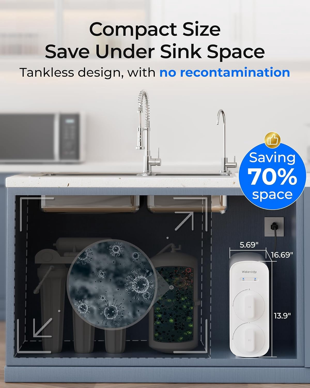 Waterdrop G5P500 Reverse Osmosis System, 500 GPD Tankless RO Water Filter, 7 Stage Filtration, NSF/ANSI 372 Certified, 2:1 Pure to Drain Ratio, Reduces TDS PFAS BPA With Free 1 filter