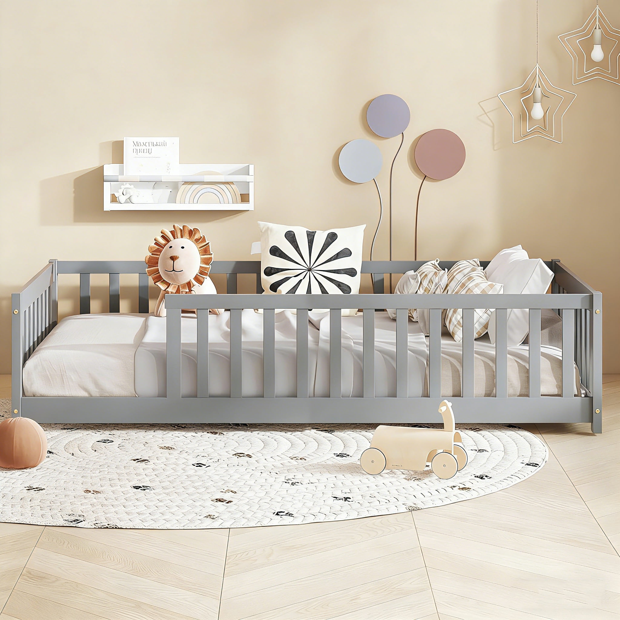 Bellemave Twin Size Floor Beds, Wood Montessori Bed with Fence Railings & Support Slats, No Box Spring Needed (Gray）