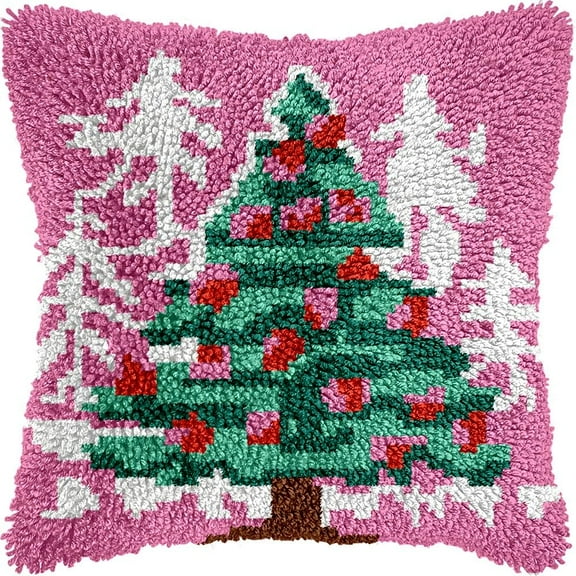 Christmas Tree Latch Hook Pillow Kits for DIY Throw Pillow Cushion Embroidery Latch Hooking Pillowcase Kits with Preprinted Canvas Crochet Yarn Kits for Home Decor 17''X 17''(C206)
