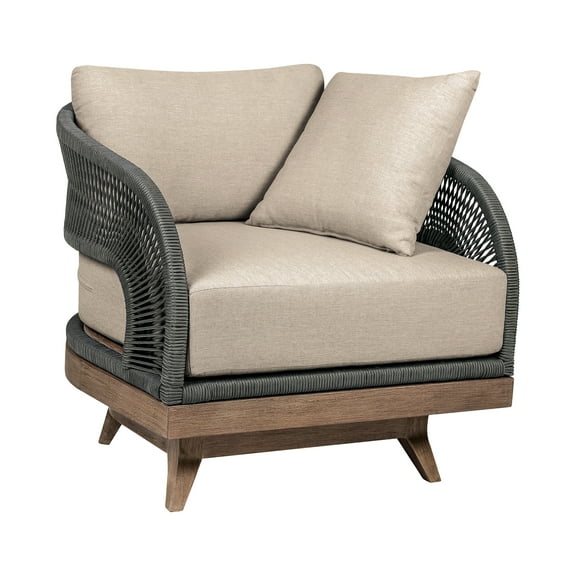 Orbit Swivel Outdoor Chair in Eucalyptus Wood with Gray Rope and Taupe Cushions