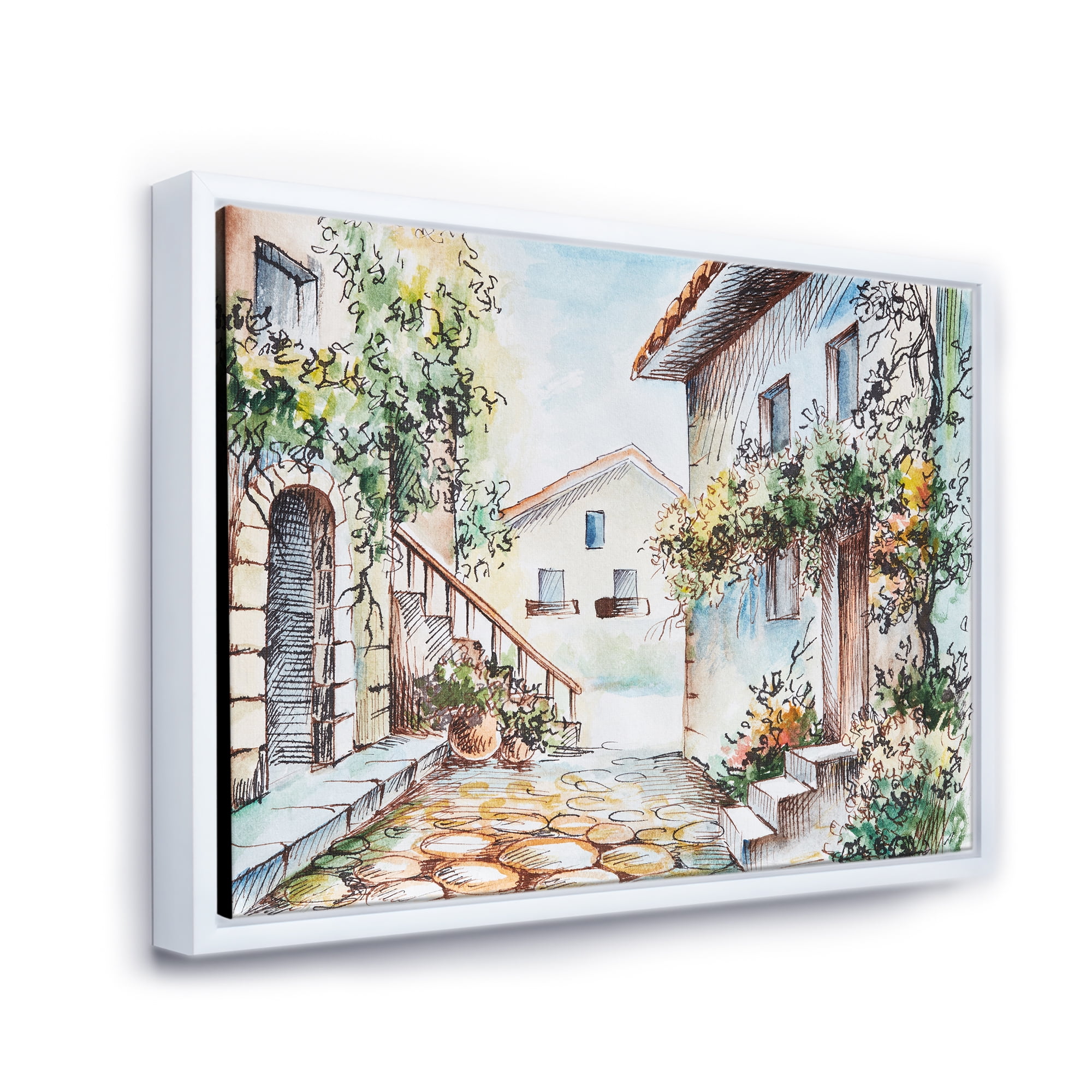 Designart 'Sunny Day At The Vintage City Cozy Street' Traditional Framed Canvas Wall Art Print