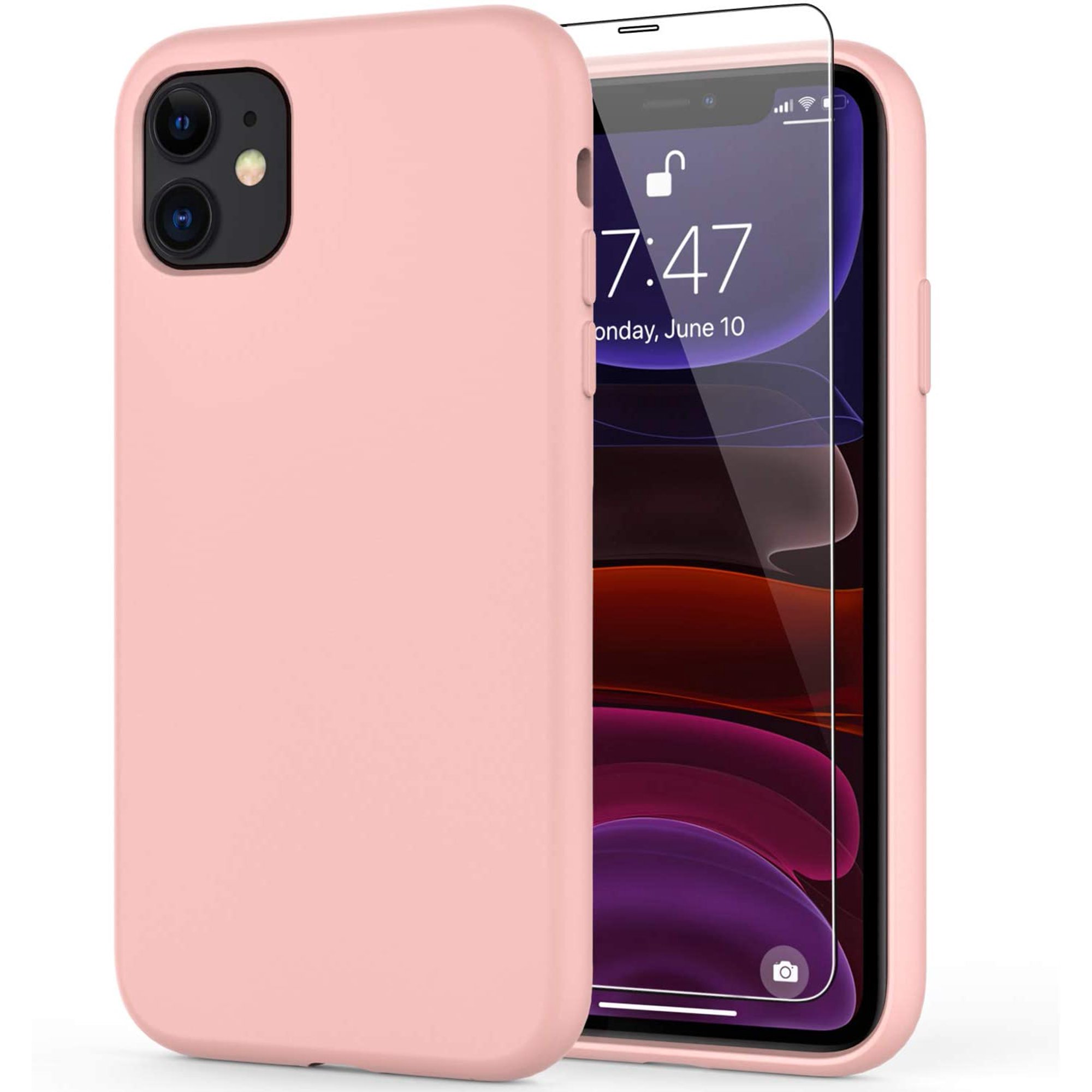 Compatible with iPhone 11 Case with Screen Protector, Silicone Gel Rubber Bumper Cover,Slim Fit Shockproof Protective Phone Case for iPhone 11 6.1" Baby Pink