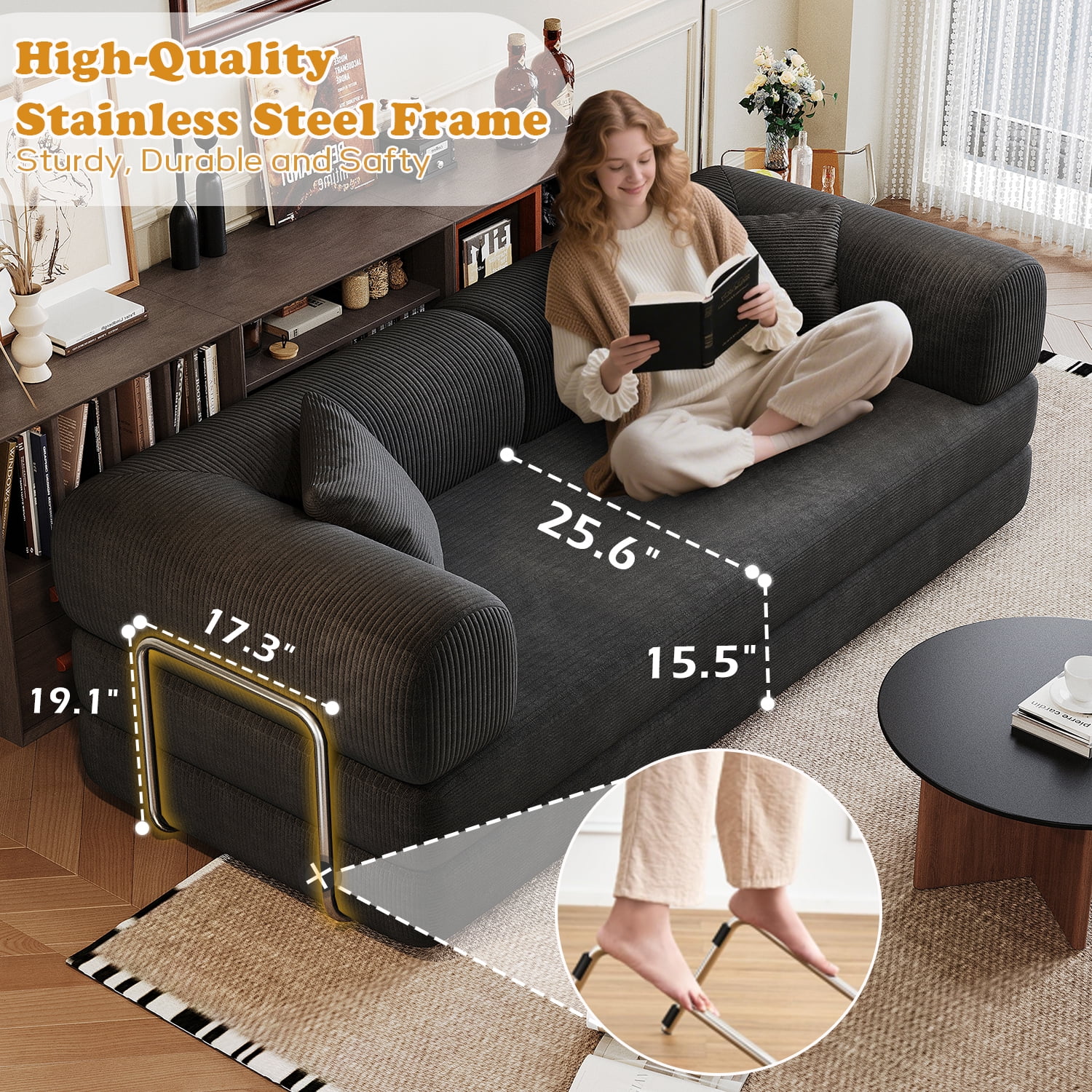 Eyisean 78.8" Corduroy Convertible Sofa Bed with Stainless Fixed-Shape Frame, 4-in-1 Boneless Loveseat with Pull-Out Bed, Lounge Futon Sofa Couch Floor Mattress for Living Room, No Assembly Required