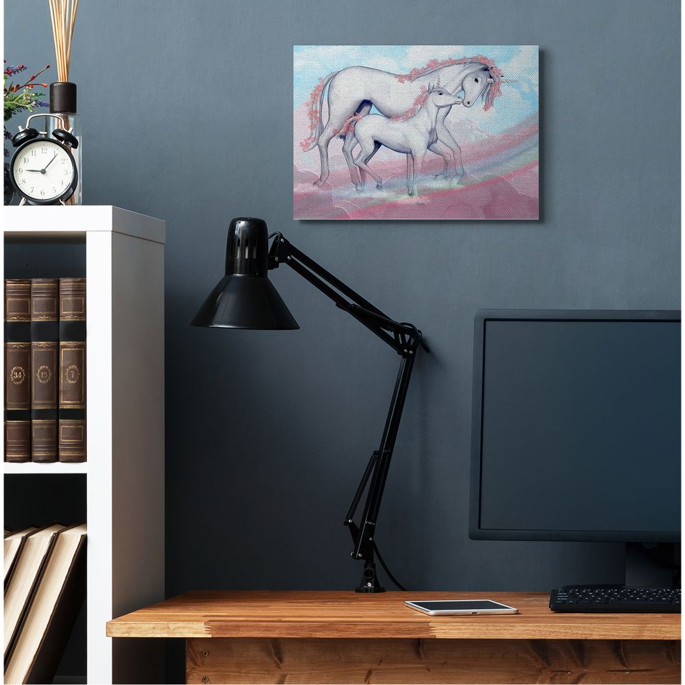 Unicorn Family Pink Rainbow Fantasy Animal Kids Design Stretched Canvas Wall Art by Ziwei Li