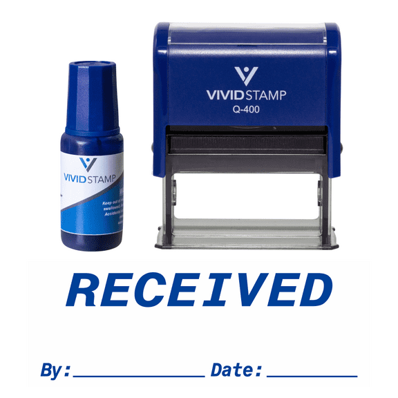 Vivid Stamp Received By Date Self Inking Rubber Stamp Combo With Refill (Blue Ink) - X-Large
