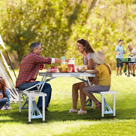 4Ft Folding Camping Picnic Table with Seats/Umbrella Hole-265 Lbs Support That Lightweight and Fold Up Card Suitcase Table Aluminum Alloy Frame, RV Tabletop with Soft Handl