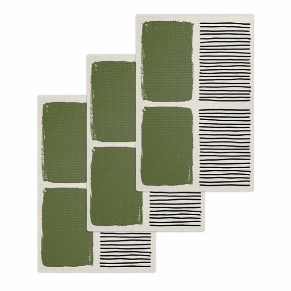 Sage Green Kitchen Dish Towels for Drying Dishes Set of 3, Modern Painting Farmhouse Striped Abstract Art Waffle Weave Microfiber Hand Tea Bathroom Towels Quick Dry & Absorbent Towel 15.7x23.6