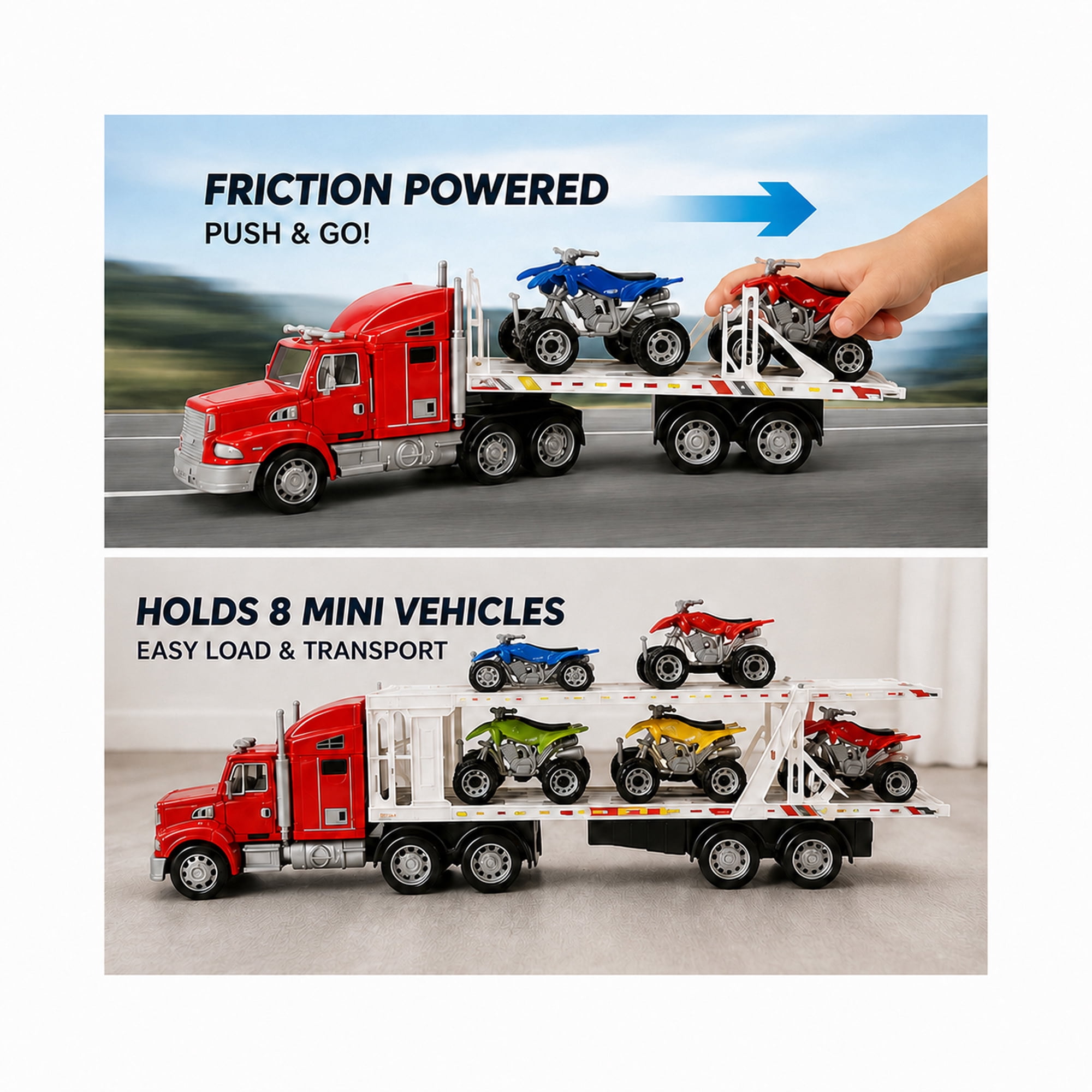 9-Piece Mini Vehicle Carrier Truck Playset, Double-Deck Toy Transport Truck with 8 Mini Vehicles, Friction Powered Semi Truck Toy, No Batteries Required, Gift for Kids Ages 3+