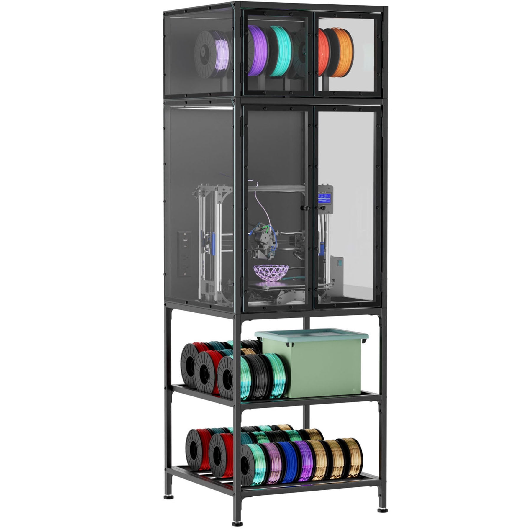 S-HOME Black 3D Printer Cabinet with Double Layer Filament Storage Rack and Noise-Reducing Design, for Studio and Office Use