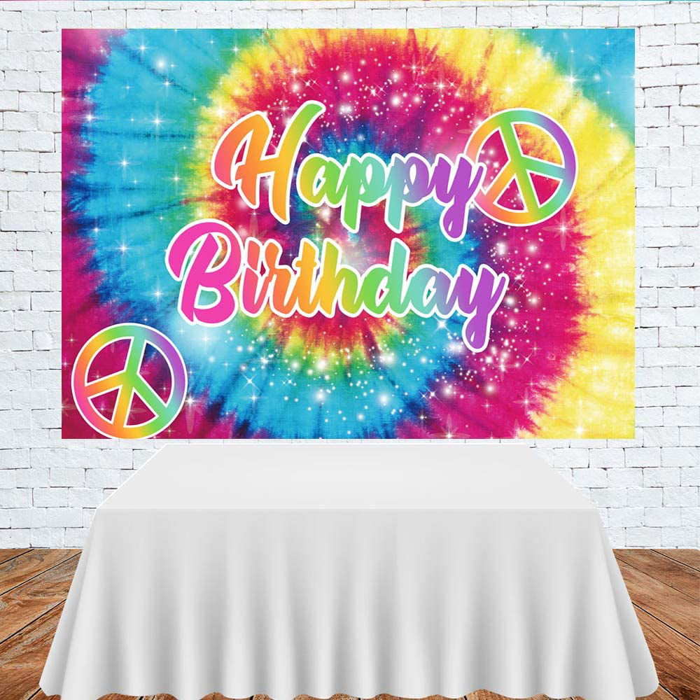 Aperturee 7x5ft Tie Dye Happy Birthday Backdrop 60's Hippie Groovy Sign Rainbow Photography Background Photo Booth Studio Party Decorations Cake Table Banner Supplies Props 