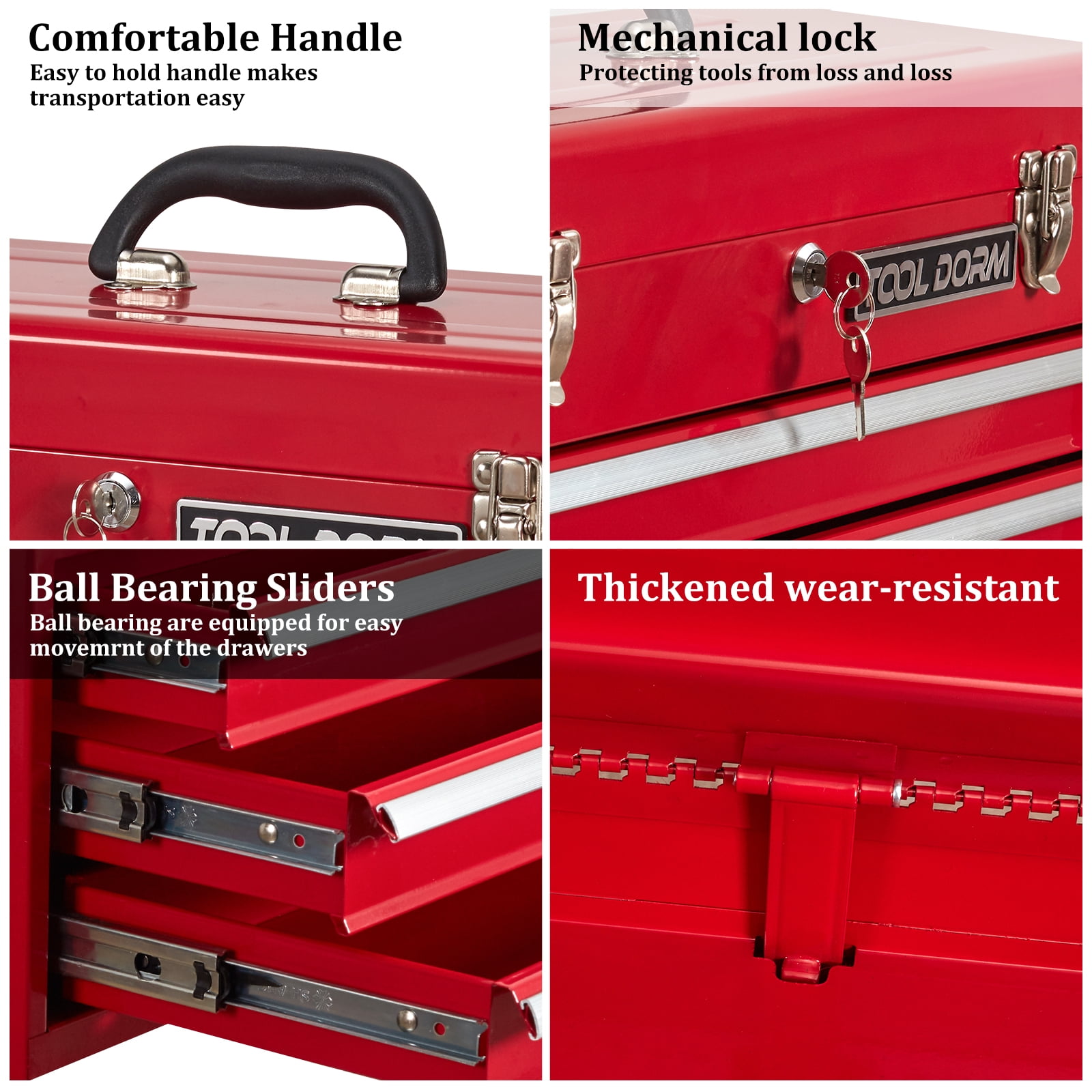 20.3“ Metal Tool Box with Drawer Portable Steel Metal Tool Box with Protective Liner and Metal Latch Closure and Lock for Garage, Home and Warehouse (Red-3 Drawers)