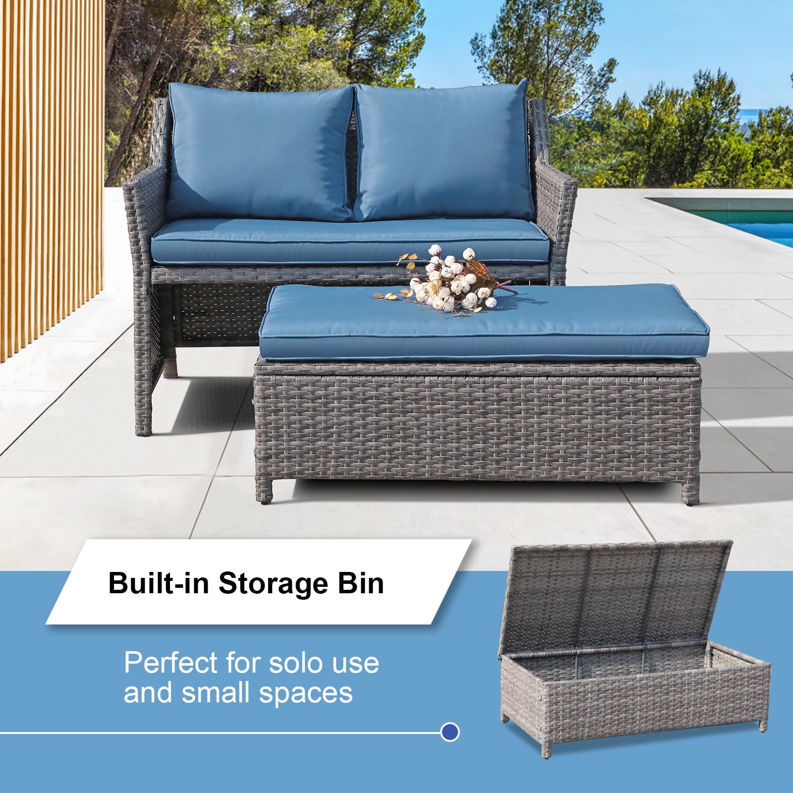 OC Orange-Casual 2-Piece Outdoor Patio Furniture Wicker Love-seat and Coffee Table Set, with Built-in Storage Bin, Grey Rattan, Navy Blue Cushions
