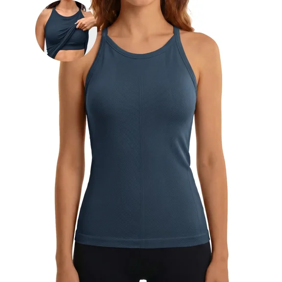 ANFERRY Women's Fitting Seamless Tank Tops Ribbed Crew Neck Racerback Workout Camisoles with Sewn in Bra