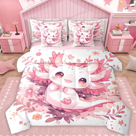 Feelyou Girly Pink Axolotl Bedding Comforter Set 7 Pieces, Cartoon Cherry Blossoms Full Bedding Set, Teens Kids Girls Women Reversible Fitted Sheet Flat Sheet, Microfiber Bedroom Decor