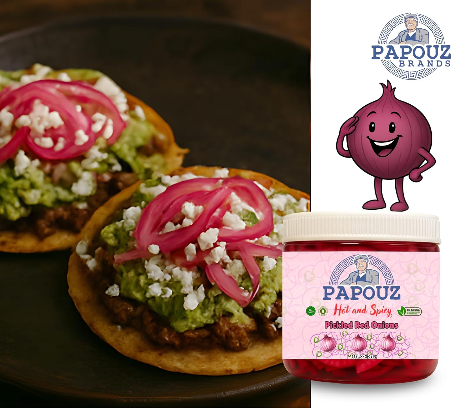 Papouz 64 Oz Hot & Spicy Pickled Red Onions Jar All Natural, Premium Red Onion & Jalapeño Blend w/ Vegetables, Low Calorie, Gluten Free, Fat Free, No Preservatives, Low Sugar
