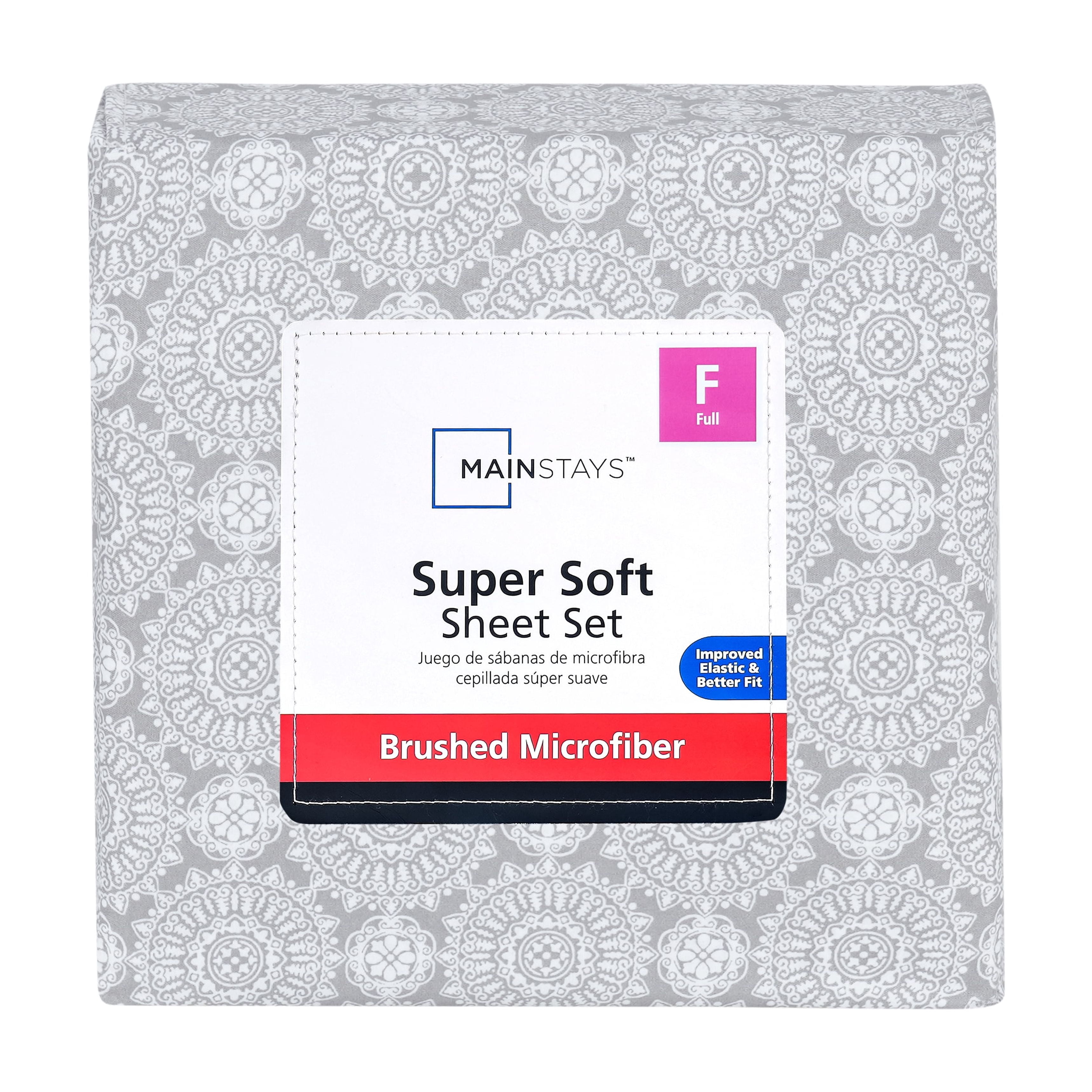 Mainstays Super Soft Brushed Microfiber Bed Sheet Set, Gray Medallion, Full, 4 Piece