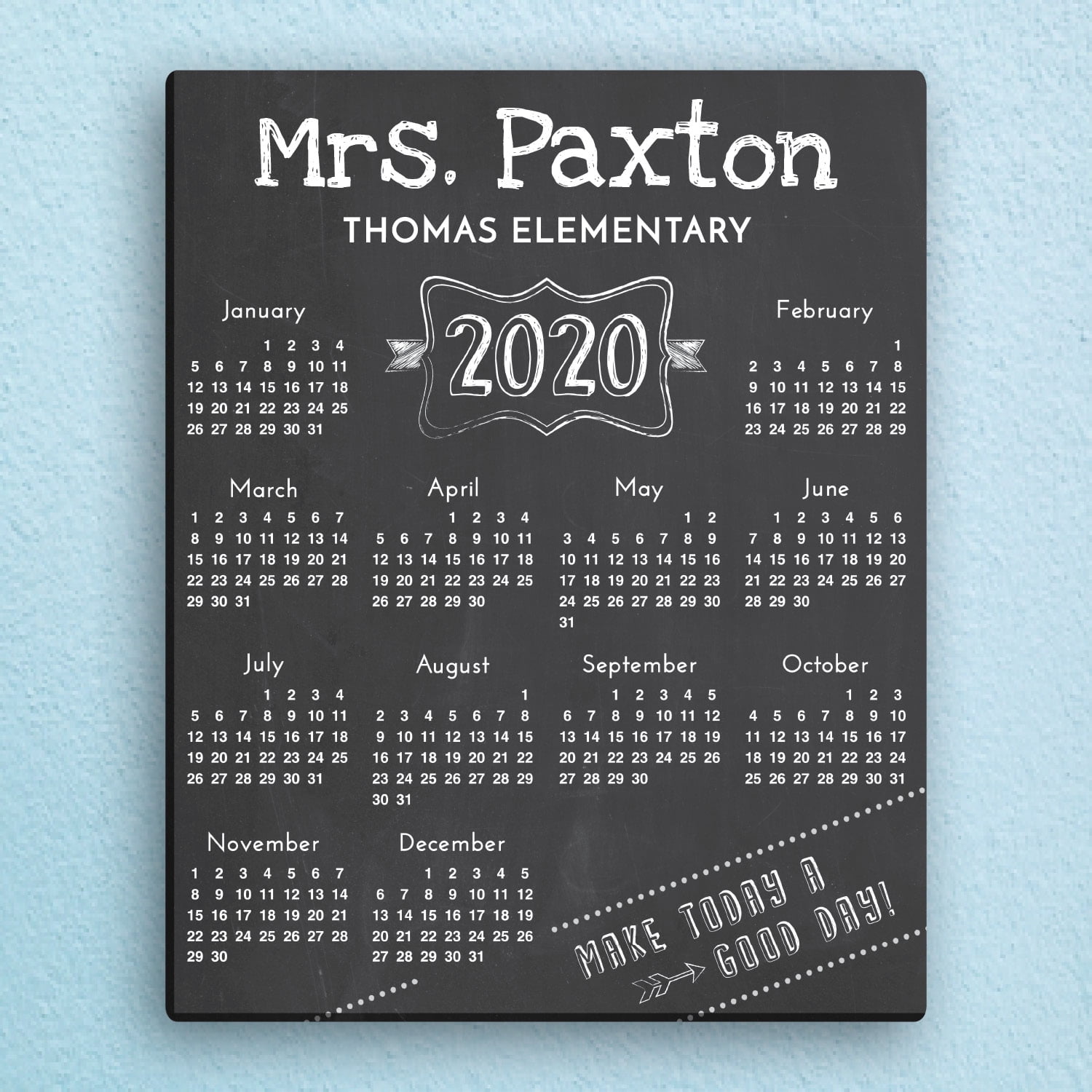 Personalized 2020 Chalkboard Calendar Canvas Wall Art, 11" x 14"