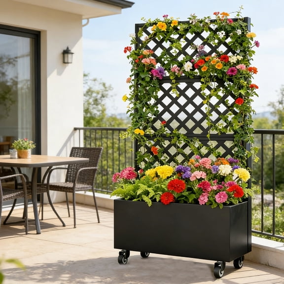 Metal Planter Box with Trellis & Wheels, Raised Garden Bed with Privacy Screen, Outdoor Standing Flower Beds with Drainage Hole for Climbing Plants, Vine, 72.05" x 35.83"x 16.14"